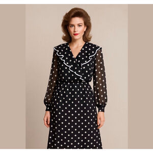 Vintage dress 1980s sheer black white polka dot dress small